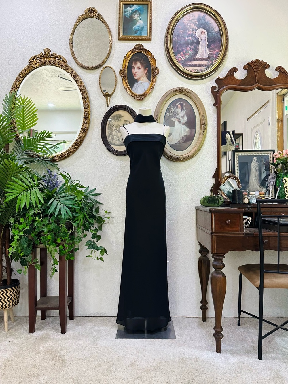 Niki Livas Black Maxi Evening Gown with Sheer Yoke
